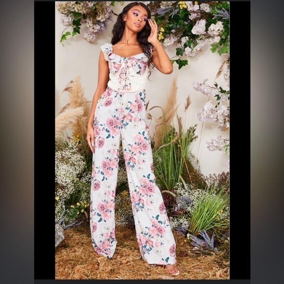 PrettyLittleThing Pants - Pink  Floral Print Corset Frill Bardot Jumpsuit